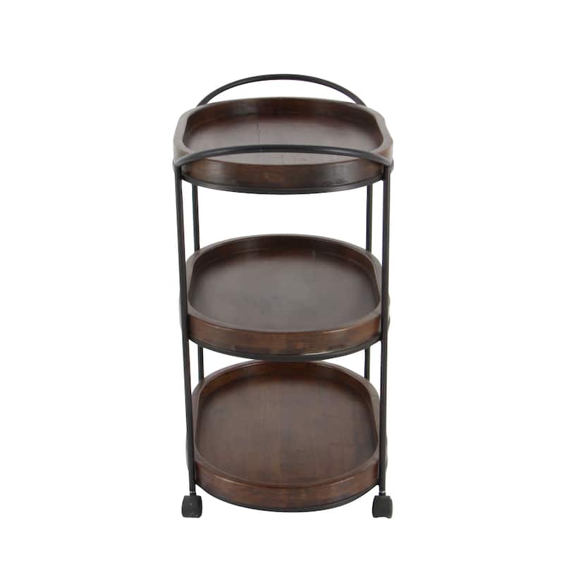 Wood Rolling Oval 3 Shelf Bar Cart with Black Metal Frame - Brown - Roche River Decor - 16"W x 25"L x 30"H