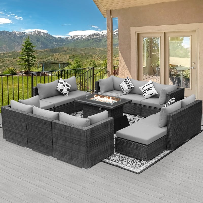 FINCATI 13 Piece Outdoor Patio Conversation Set with 43 Inch Fire Pit - Silver
