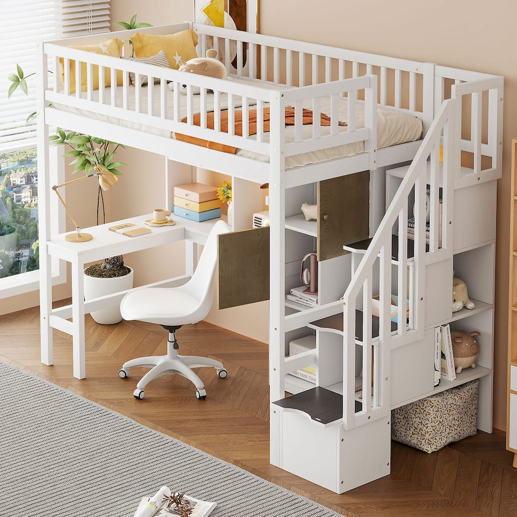 Solid Wood Loft Bed with Built-in Desk and LED, Twin Size Frame with Storage Shelves, Cabinets & Storage Staircase for Kids