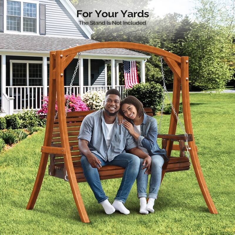 Upgraded 2-Person Wood Porch Swing with Cup Holders and Chains - N/A