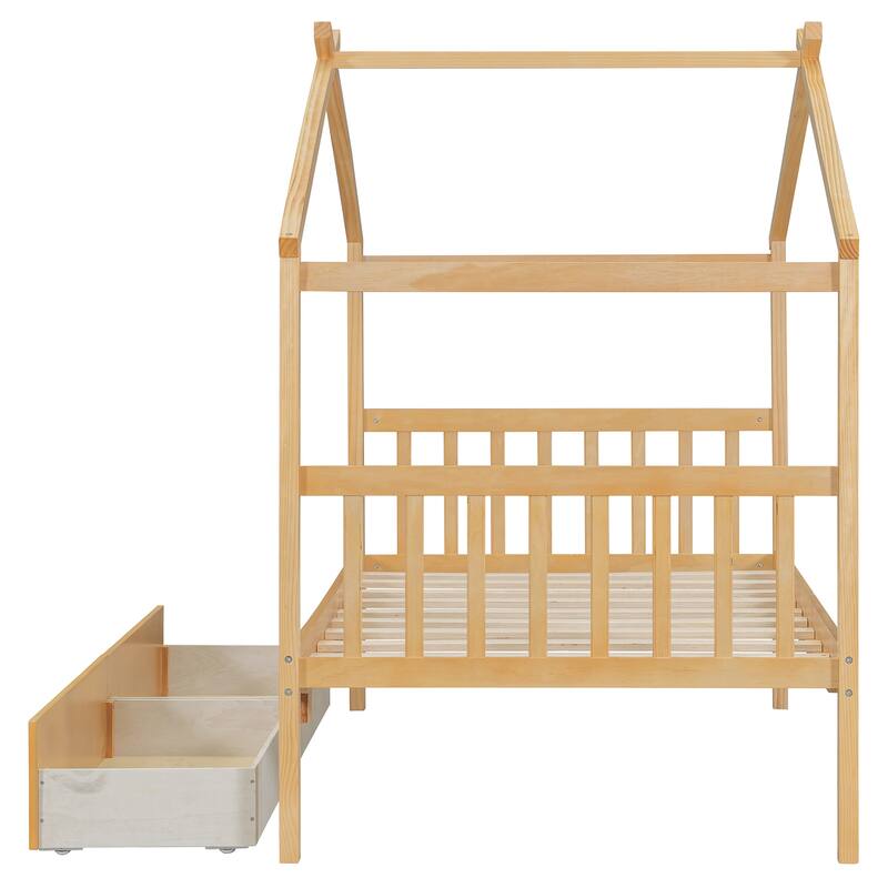Twin Size Wooden House Bed with Drawers, 79.5"L x 41.5"W x 63.1"H, Natural