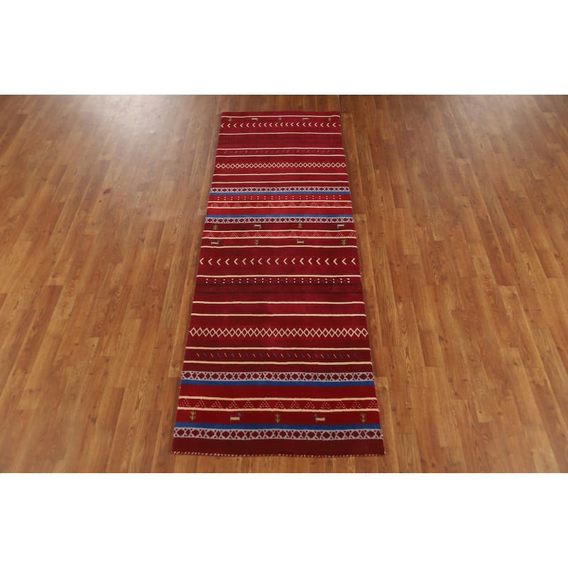Tribal Red Gabbeh Indian Runner Rug Handmade Wool Carpet - 2'7" x 7'8"
