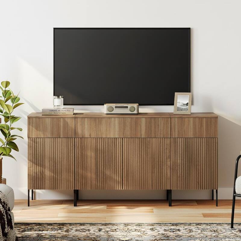 Modern Reeded Dresser TV Stand For Tvs Up To 75 Inch, Entertainment Center With Charging Station - Walnut