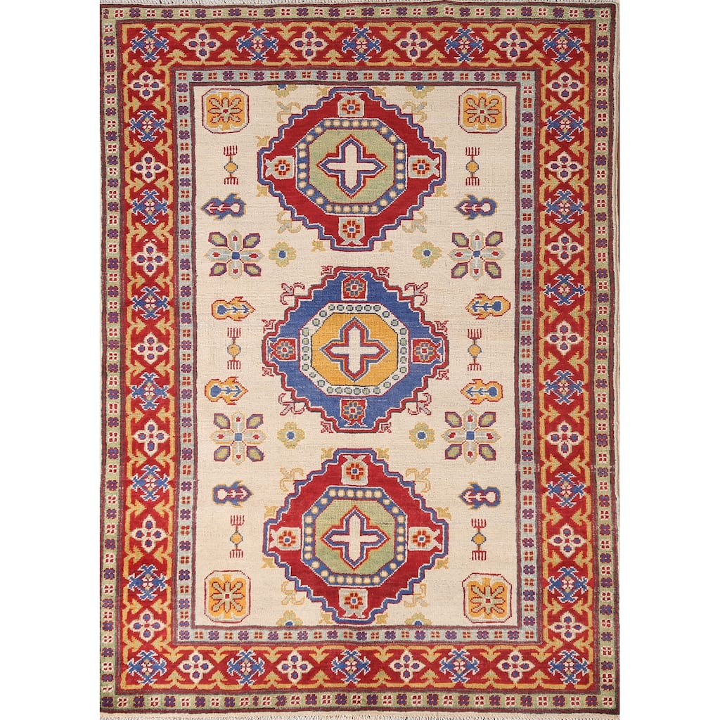 Geometric Kazak Area Rug Handmade Traditional Beige Wool Carpet - 4'0" x 5'10"