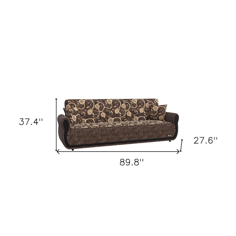 HomeRoots 90" Beige And Brown Chenille Convertible Futon Floral Sleeper Sofa With Toss Pillows And Storage