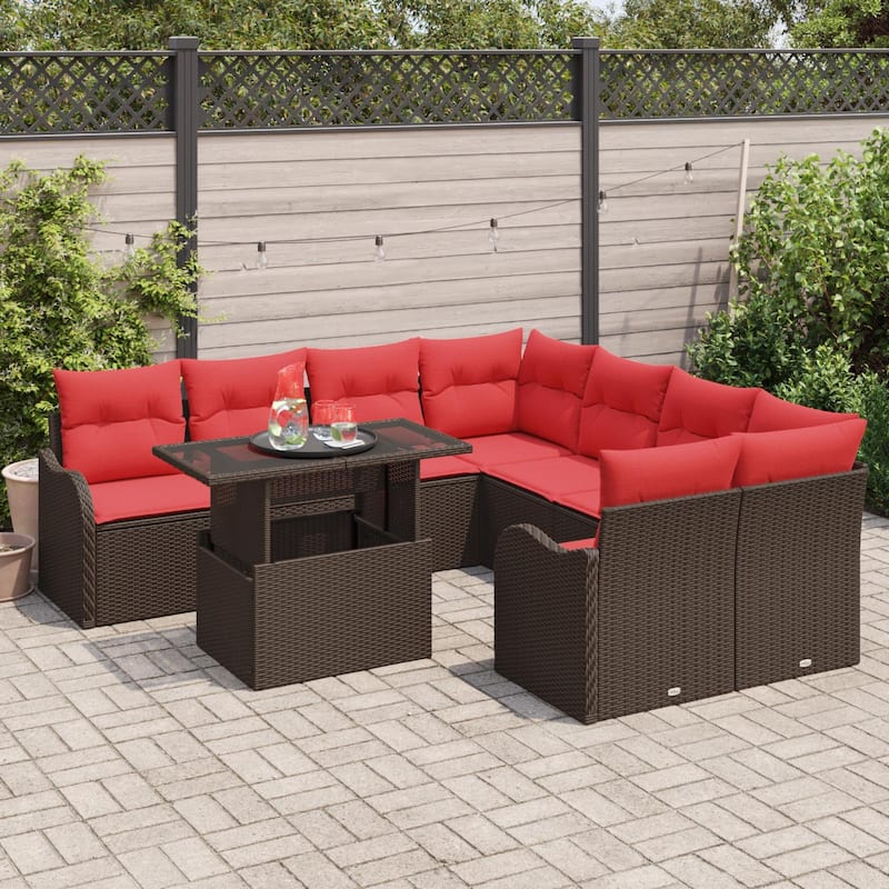 vidaXL 9 Garden Sofa Set with Cushions Black/Brown/Grey Poly Rattan - 91.5 x 92.1 x 27.2