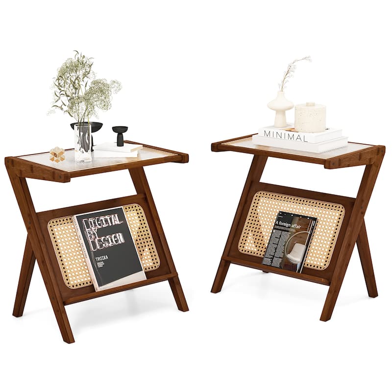 Gymax 2 Pieces Boho End Table with Magazine Rack Versatile Bamboo - Walnut - Glass