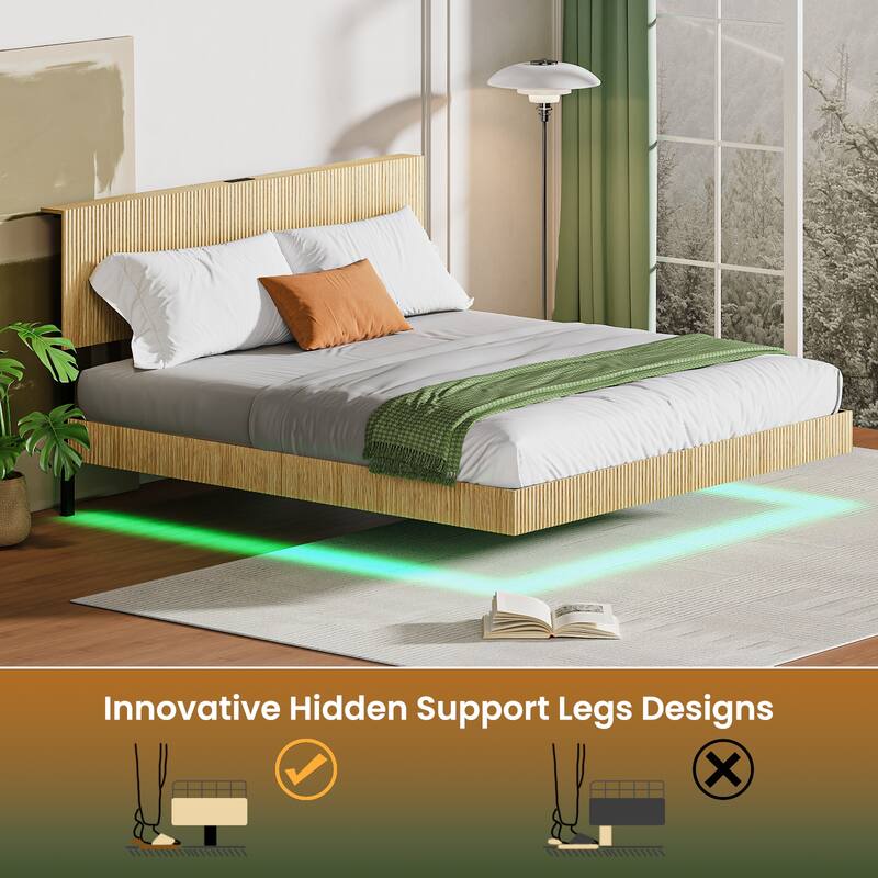 Floating Platform Bed with Charging Station and LED Lights, Wavy Headboard, Heavy-Duty Metal Slats, No Box Spring Required