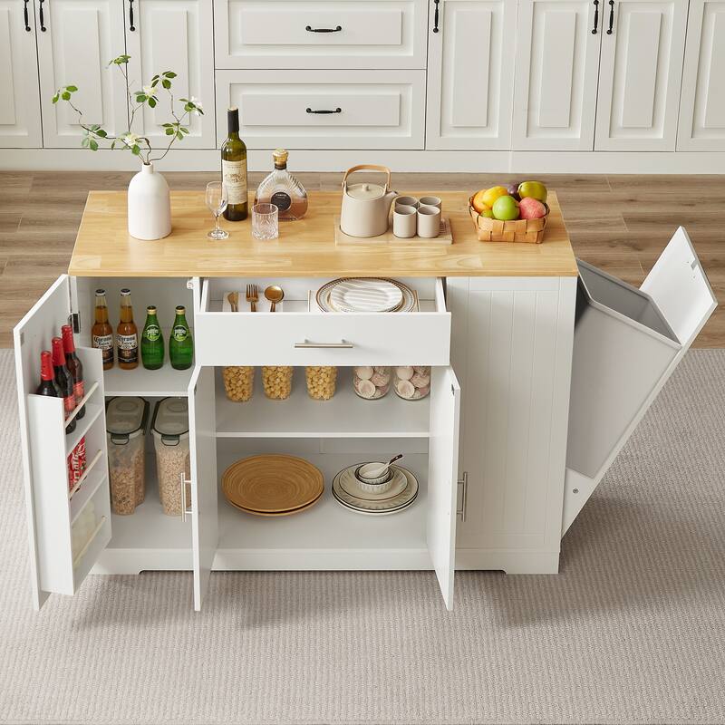 Kitchen Island with Hidden Trash Can, Multi Functional Mobile Island Table, Breakfast Bar with Drawer & Adjustable Shelves