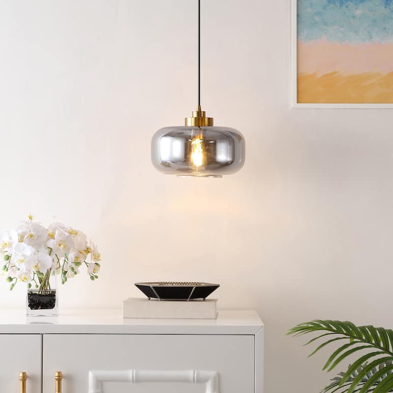 SAFAVIEH Lighting Airina Glass Shade Pendant - 11 In. W x 11 In. D x 25477 In. H - Smoke Grey/Brass - 11Wx11Dx69H
