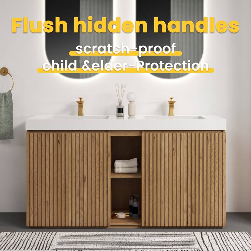 GDFStudio - Galan 60" Freestanding Bathroom Vanity with Quartz Sink, Solf Close Doors, Open Storage Shelf, NO Drain & Faucet