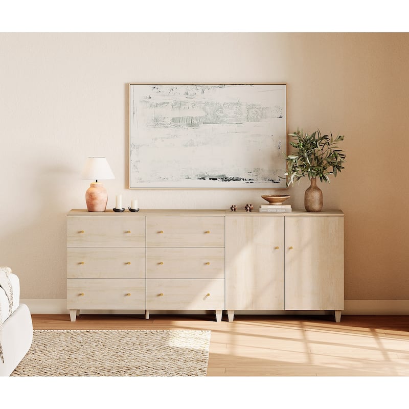 Wood Dresser with 6 Drawers and 1 Cabinet for Bedroom, 83" Wide - Light Oak