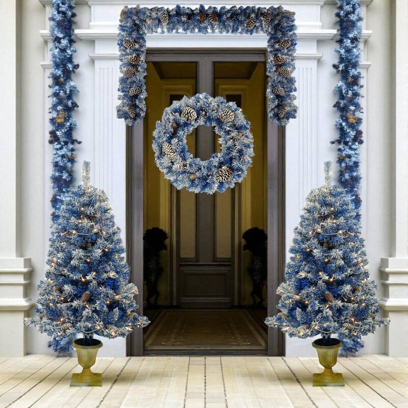 Pre-Lit Blue Christmas 4-Piece Set with LED Lights, Wreath, Garland and 2 Entrance Trees, 840 Tips PVC Holiday Decor - Blue
