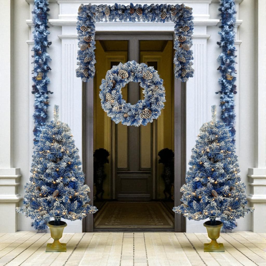 Pre-Lit Blue Christmas 4-Piece Set with LED Lights, Wreath, Garland and 2 Entrance Trees, 840 Tips PVC Holiday Decor