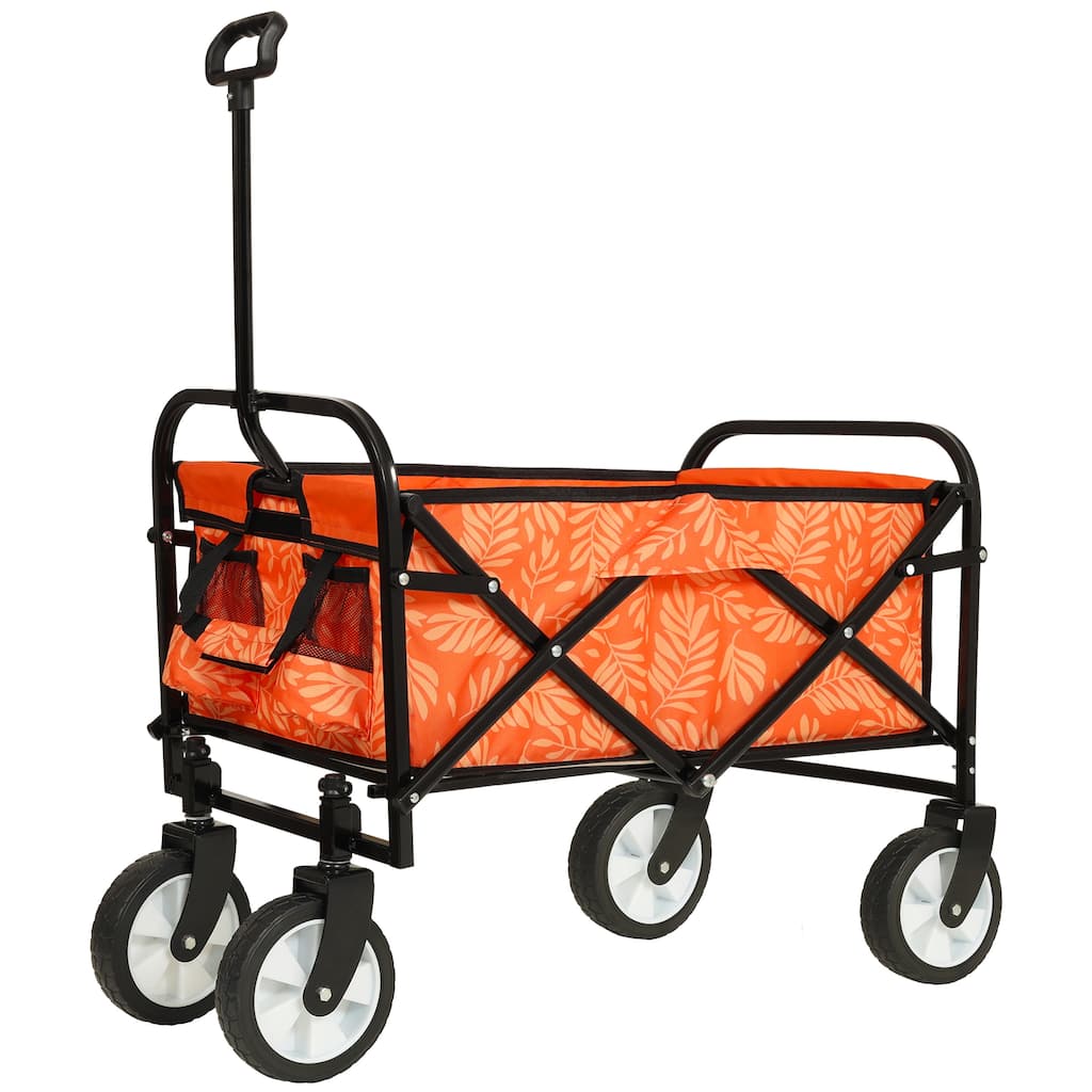 Patterned Collapsible Utility Wagon - Orange Leaf Design with Storage Straps, 225lb Capacity