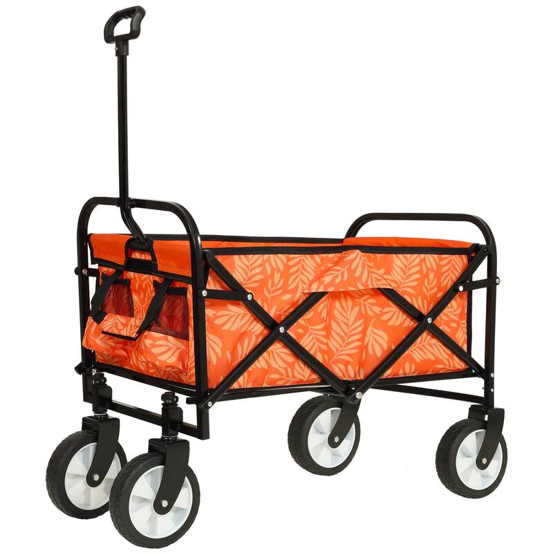 Patterned Collapsible Utility Wagon - Orange Leaf Design with Storage Straps, 225lb Capacity