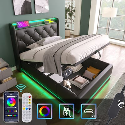 Black Twin Size Upholstered Bed with LED Function and USB Charging