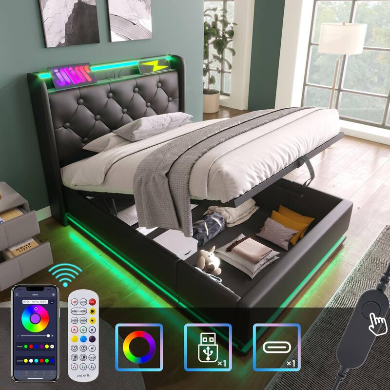 Upholstered Bed with LED Function and USB Charging - Black - Twin