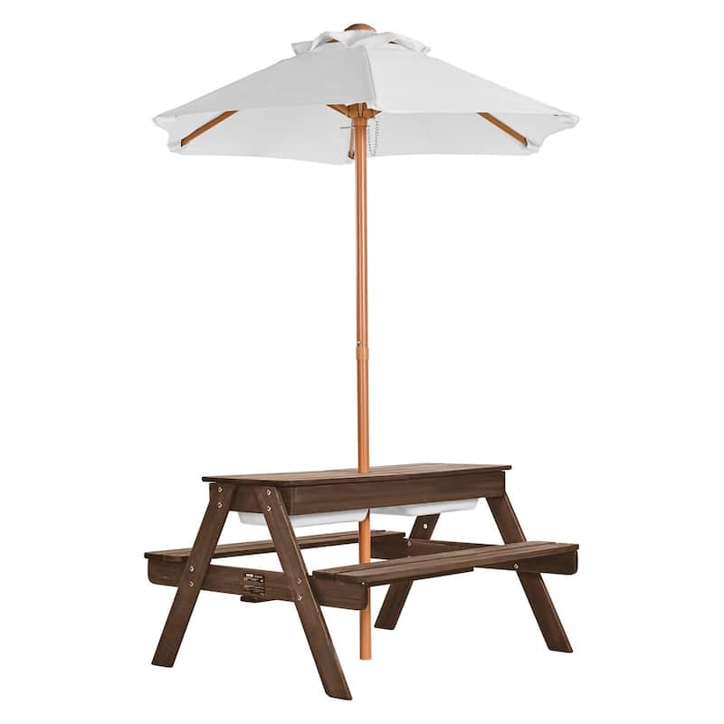 Multifunctional Fir Wood Picnic Table with Bench and Umbrella for Kids Outdoor Play and Dining Use - 35.04” x 31.5” x 20.1”