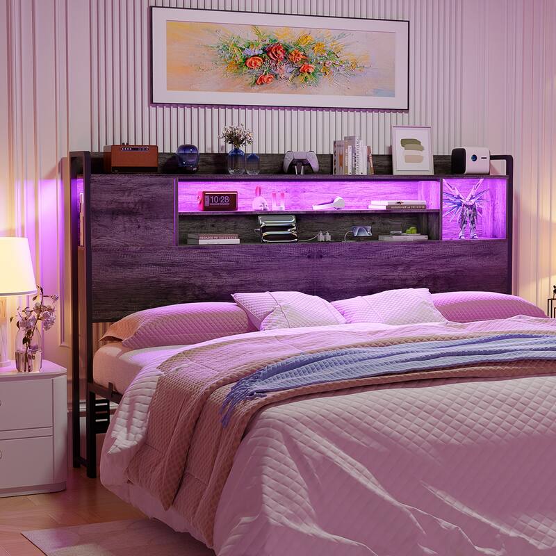Storage Headboards with Power Outlet and LED Light, Head board with Storage Shelves for Bed Frame