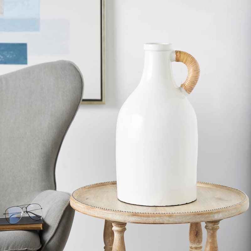 Ceramic Jug Inspired Vase with Rattan Wrapped Handle - White or Black - White