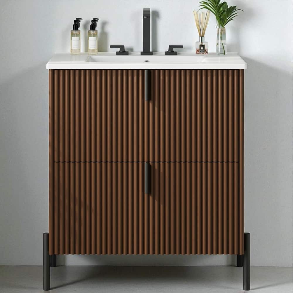 30" Bathroom Vanity with Ceramic Sink, Fluted Design, Full-Extension Drawers, Soft Close Drawer Slides