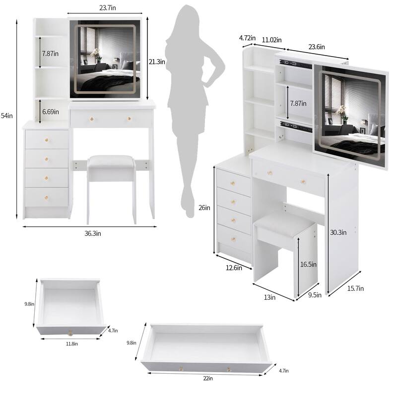 37" Middle Size Left Bedside Cabinet Vanity Table + Cushioned Stool, Large Sliding, Touch Control, Brightness Adjust LED Mirror