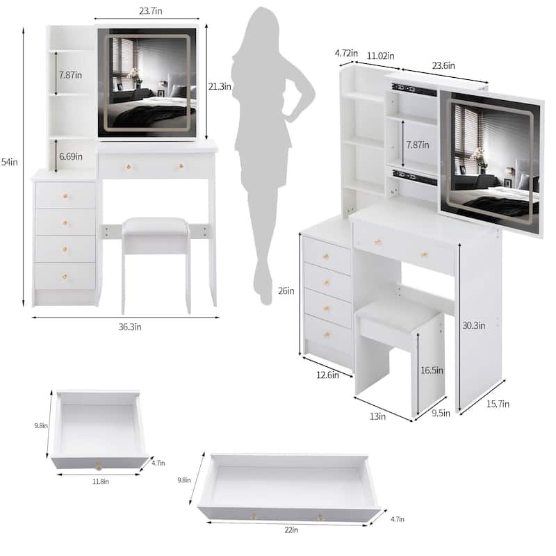 37"L Middle Size Vanity Table with Stool and Touch Control Sliding Mirror
