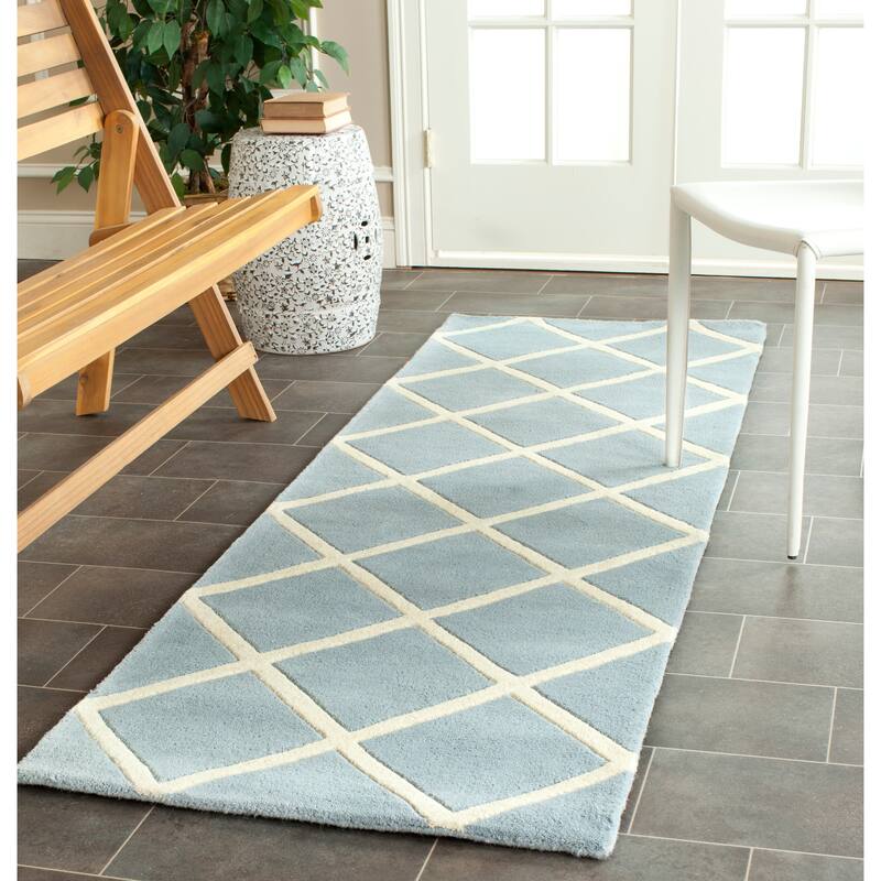 SAFAVIEH, Handmade Chatham Ezzelina Modern Moroccan Wool Rug - 2'3" x 7' Runner - Blue/Ivory