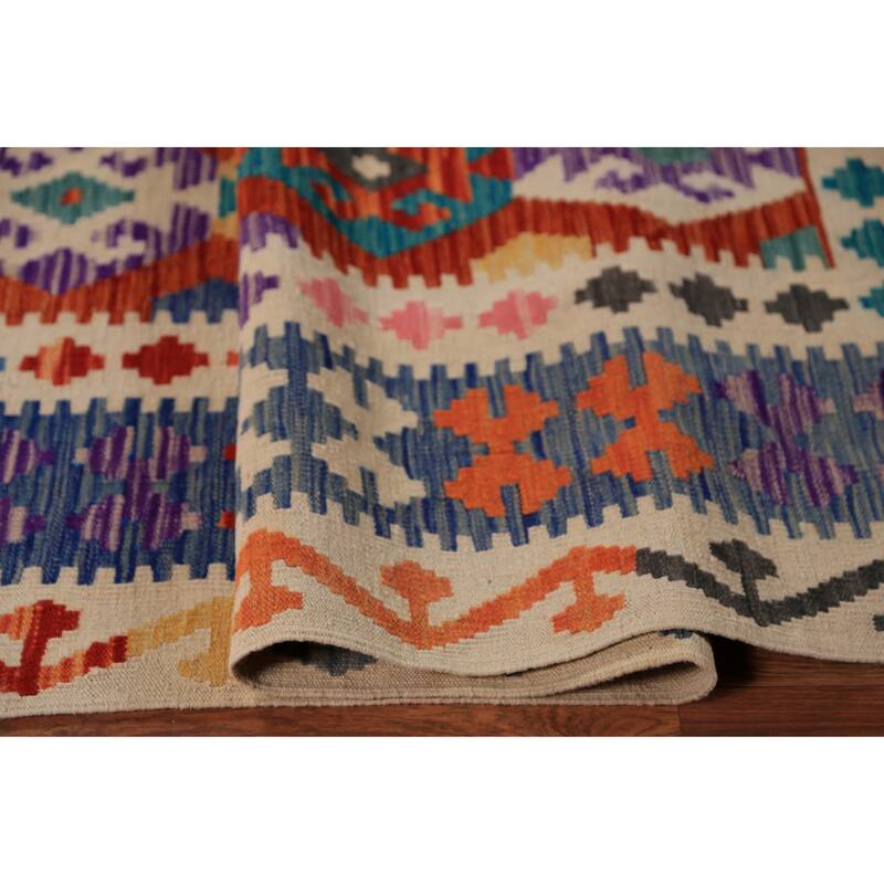 All-Over Geometric Kilim Oriental Area Rug Hand-Woven Wool Carpet - 8'5"x 11'11"