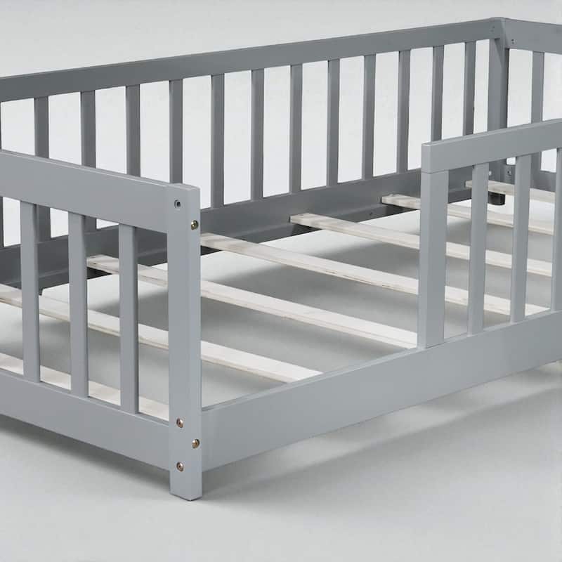 Twin Floor Bed with High Safety Fence, Rubber Wood Construction, Easy Assembly