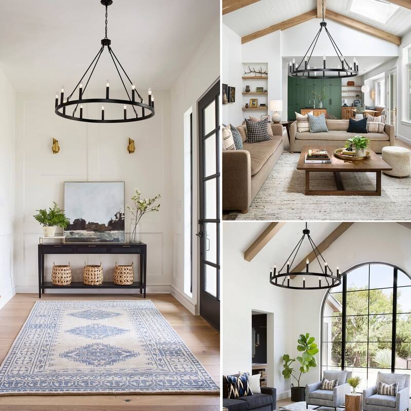 12-Light Black Wagon Wheel Chandelier, Candle Style Ceiling Light Fixtures