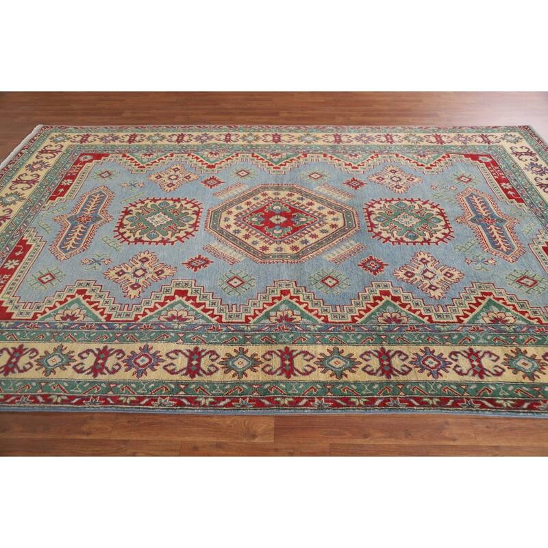 Hand Knotted Oriental 100% Wool Carpet Traditional Geometric Navy Blue & Blues Kazak Area Rug - 9' 9'' X 6' 6''