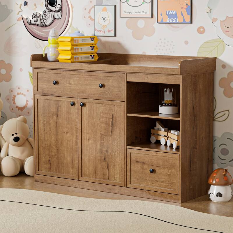 Changing Table Dresser with Drawers and Shelves - Oak