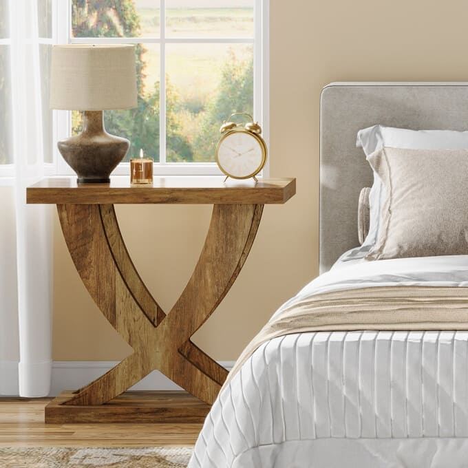 Wood End Side Table for Living Room, Night Stand for Bedroom with Cross Fishtail Support