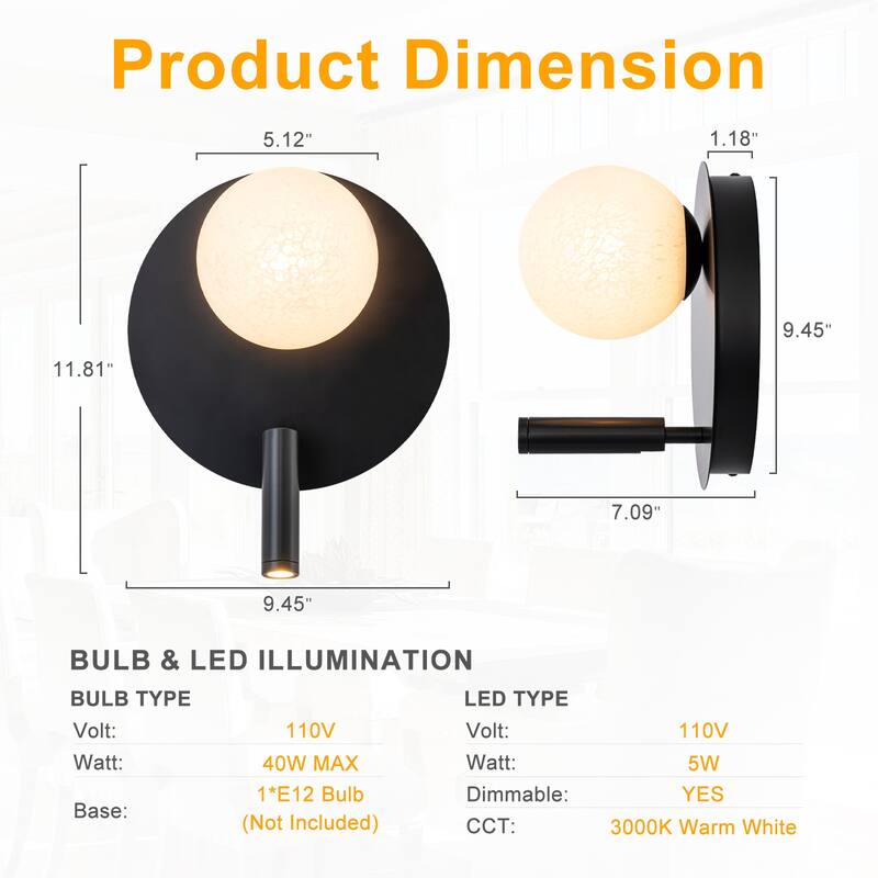 Black Dual-Light Wall Sconce with Textured Moon Glass Globe Modern