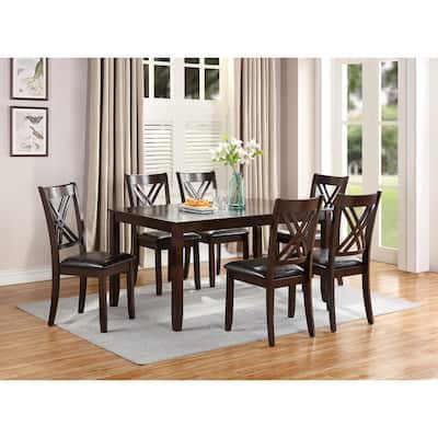 7pcs Dining Set Dining Table 6 Side Chairs Clean Espresso Finish Cushion Seats X Design back Chairs