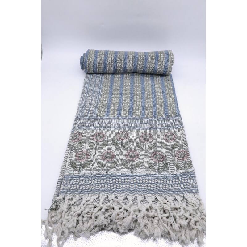 Fabdivine Choco Chips Handwoven 100% Cotton Throw Blanket - Floral Block Print Decorative Sofa & Bed Throw with Fringe, 90"x54"