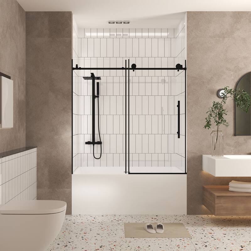 GDFStudio - Aldridge Frameless Sliding Bathroom Shower Door, Adjustable Width with Clear Tempered Safety Glass