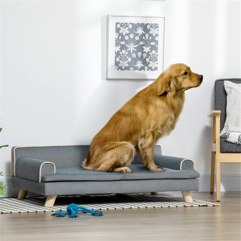 Elevated Chenille Dog Bed with Removable Washable Cover Pinewood Legs for Dogs Up to 55 lbs Pewter