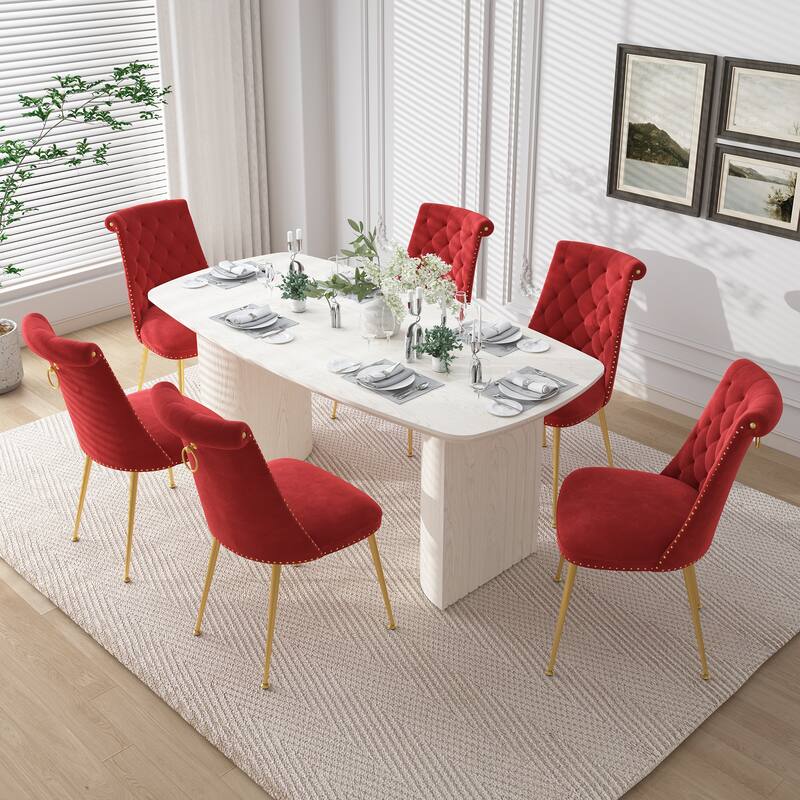7-Piece Clihome Modern Wood Table Velvet Chair Dining Set - Red