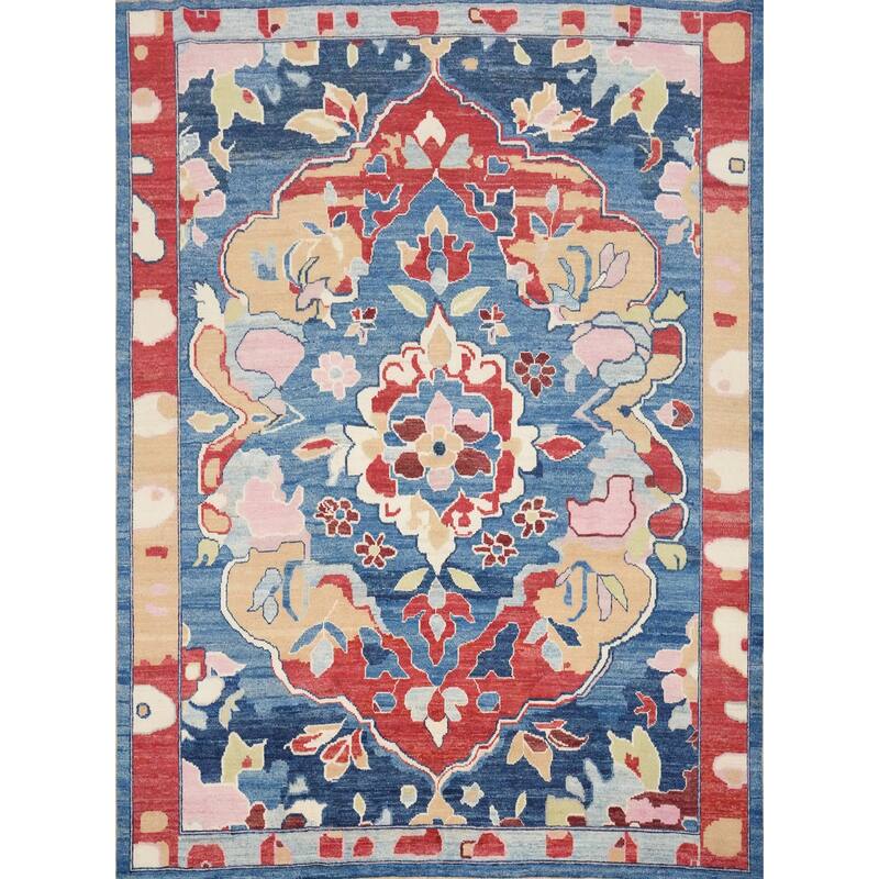Hand Knotted Oriental 100% Wool Carpet Transitional Floral Navy Blue & Blues Oushak Area Rug - 8' 0'' X 7' 10''