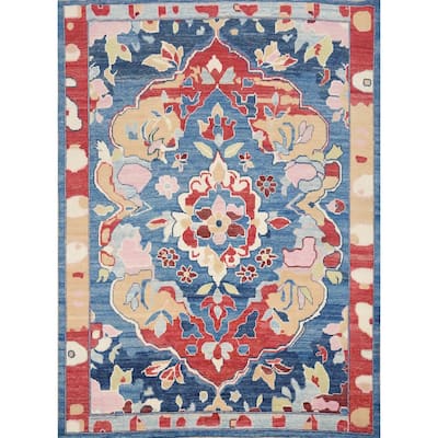 Hand Knotted Oriental 100% Wool Carpet Transitional Floral Navy Blue & Blues Oushak Area Rug - 8' 0'' X 7' 10''