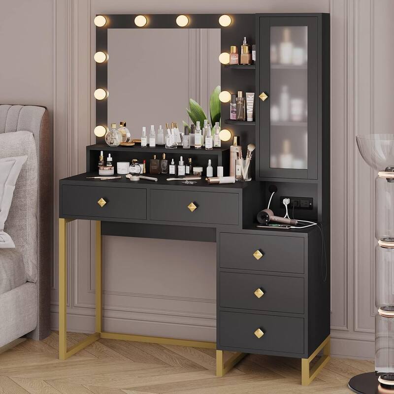 Makeup Vanity with Charging Station Mirror with Lights 5 Drawers