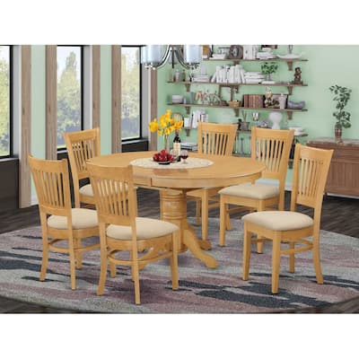 Oval 42x60 Inch Dining Table Set with 6 Chairs and Butterfly Leaf Extension on Pedestal Base in Rich Oak Brown Finish