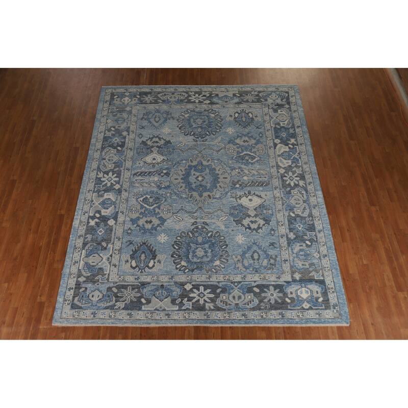 Hand Knotted Oriental 100% Wool Carpet Transitional All-Over Navy Blue & Blues Oushak Area Rug - 11' 1'' X 9' 3''