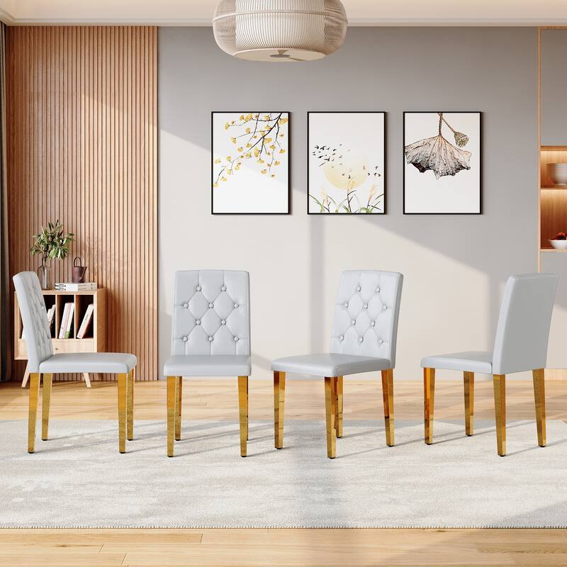 4-piece set of PU Dining Chairs: Ergonomically Designed Buckle Backrest, 35 Inches High, Gold Metal legs - Gold,Light Gray