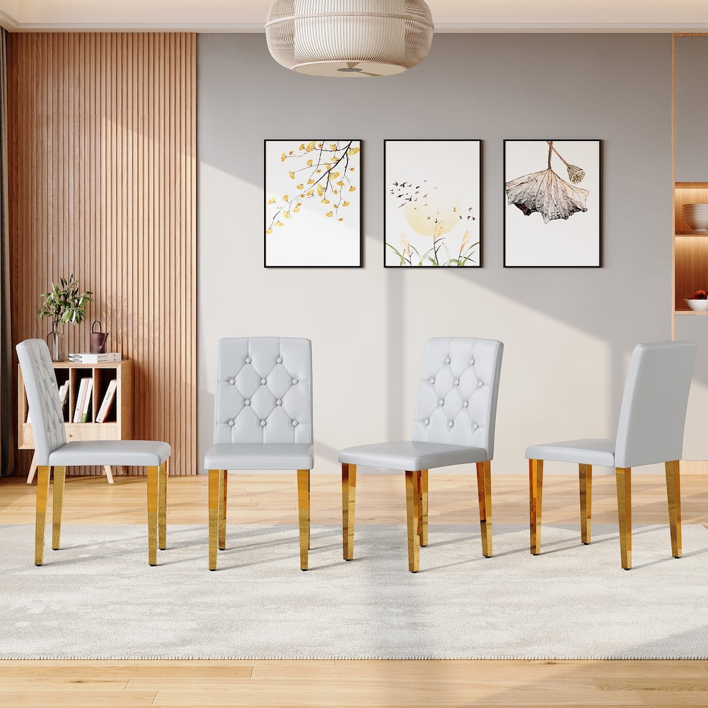 4-piece set of PU Dining Chairs: Ergonomically Designed Buckle Backrest, 35 Inches High, Gold Metal legs