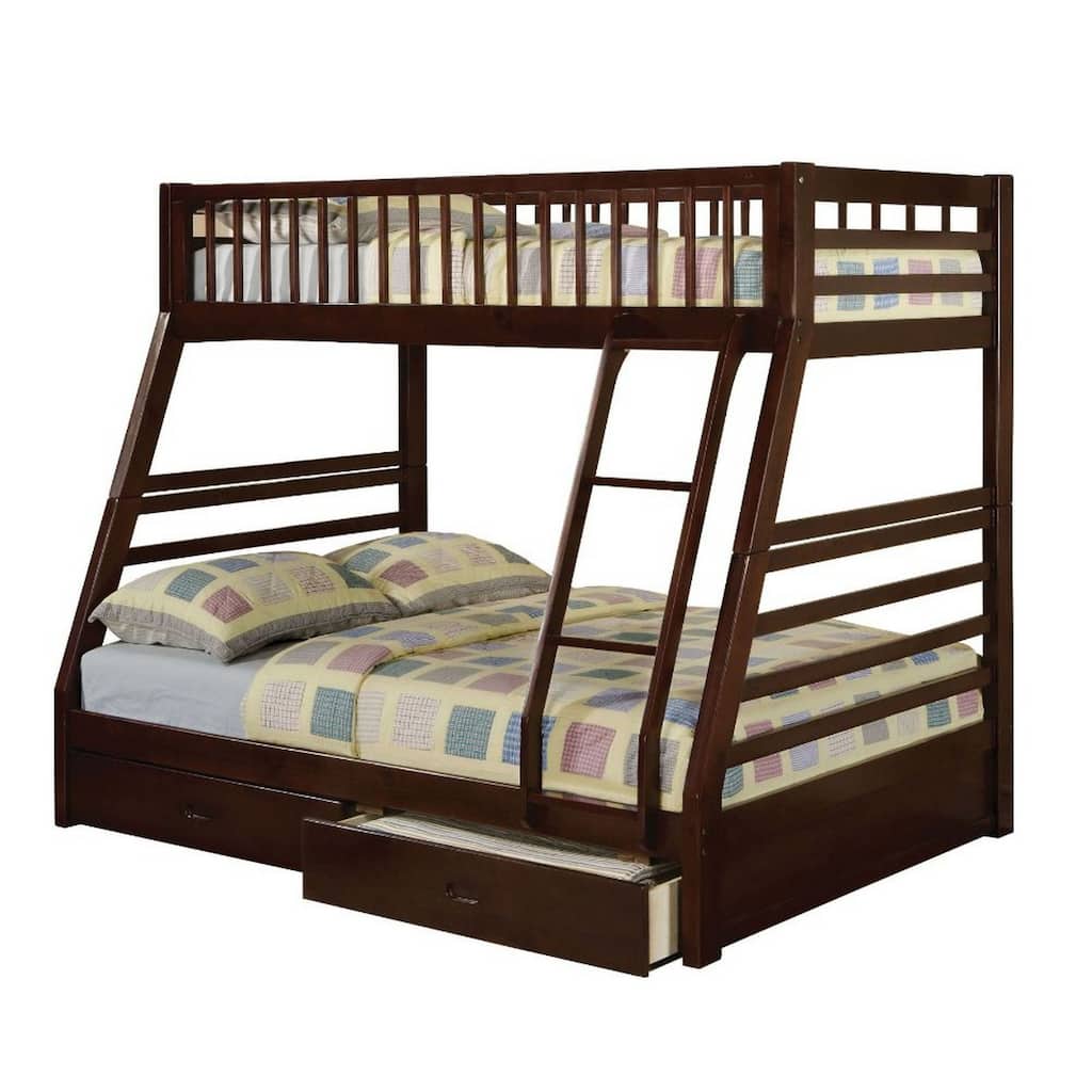 Cleo Twin Over Full Bunk Bed, Espresso Brown Pine Wood, Slatted Design