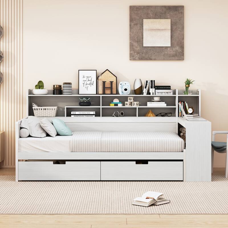 Wooden Twin Size Daybed with Storage Shelves, Multi-functional Bed with Two Storage Drawers and Study Desk - White